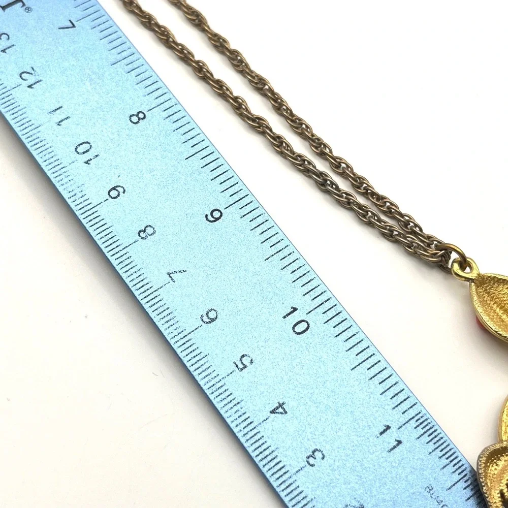 Vintage Enamel Turtle Pendant Necklace Gold Tone Orange Yellow Red